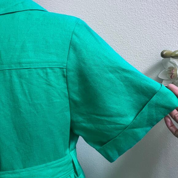 MATTHEW BRUCH Linen Button Front Safari Dress in Kelly Green Belted Women's 4 - Picture 6 of 11